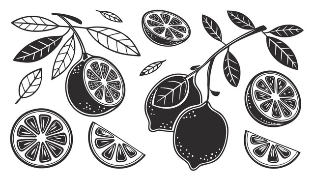 Black Olive Vector Set with Black and White Fruit Silhouettes for Botanical Food, Nature, Decorative Design and Illustration
