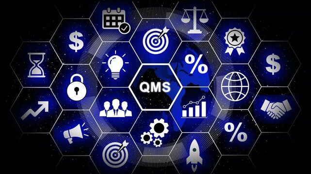 Comprehensive management system qms infographic concept featuring digital hexagonal network for corporate business strategy, process optimization, compliance standards, and workflow