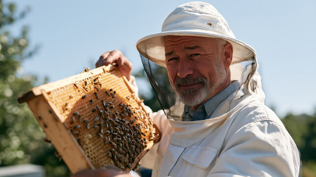 A beekeeper in protective suit photographed from a child seated low perspective, looking up at a towering apiarist lifting a full honeycomb frame outdoors, late retirement age