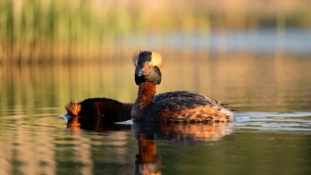 two horned grebes on the lake close up at morning light in lake baikal russia video