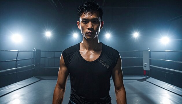Close up on sweaty muscular Asian man , wearing a black sport vest, standing in the middle of a boxing ring, bright lights in the background 
