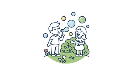 Fototapeta premium Children Playing with Bubbles in Garden.