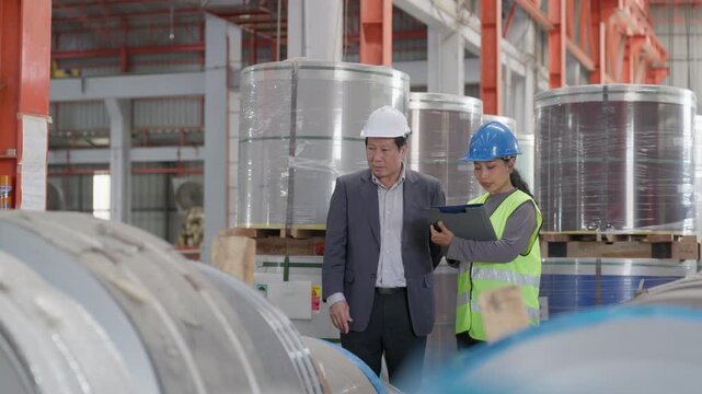 Asian senior business man owner with woman warehouse worker looking data inventory report metal sheet material in storage at manufacturing factory