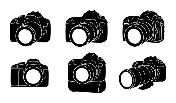 70 Six Silhouette DSLR Camera Icons, Professional Photography Equipment Vector Set, Digital Imaging Technology Graphics 100