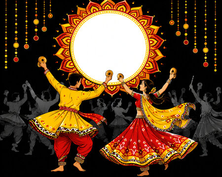Two traditional Indian dancers performing dandiya raas with colorful sticks and festive decorations