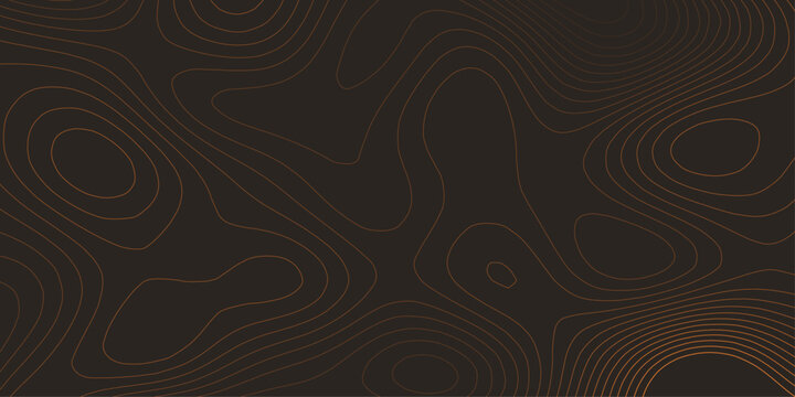 Dark brown topographic map background with orange contour lines. Abstract elevation pattern with warm glow. Modern design for banner, poster and cover.
