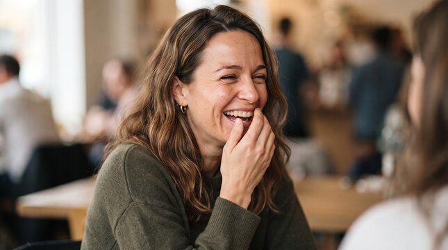 Woman laughing heartily covering her mouth with her hand in a casual indoor setting with blurred background people