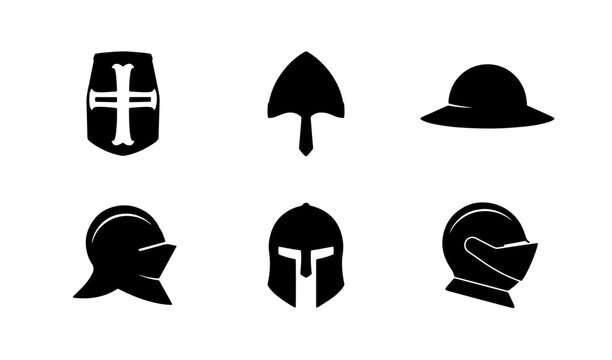 70 Medieval Knight Helmets and Shields Vector Icons Set, Historical Armor Symbols, Crusader and Warrior Headgear Collection, Black Silhouette Graphics 100
