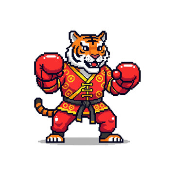 Pixel art tiger character wearing red martial arts uniform and boxing gloves in fighting stance.