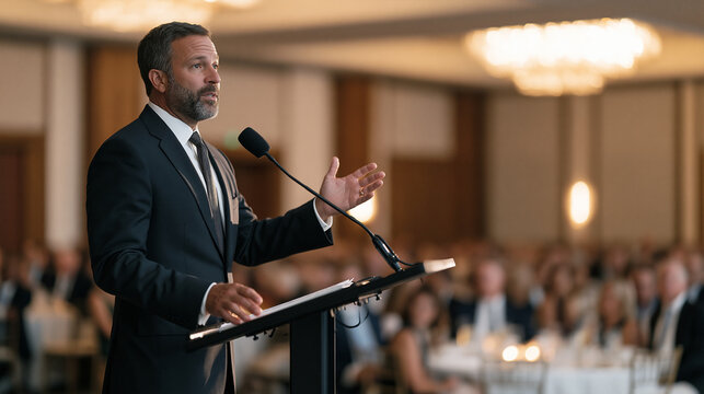 A master of ceremonies commands a grand ballroom as a full crowd watches, guests at long tables turned attentively toward the podium where his prepared remarks echo through