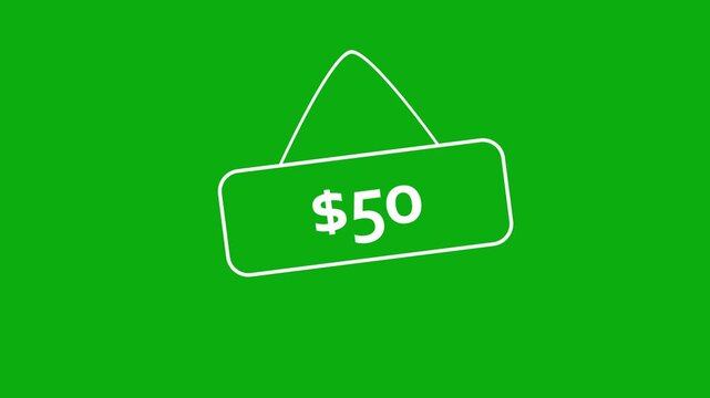 White line price tag animation with fifty dollar sign on green
