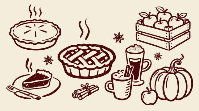 Vintage autumn food illustrations, rustic apple pie and pumpkin vector set, cozy fall harvest icons for seasonal menus