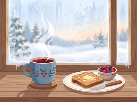 Cozy Winter Breakfast with Berry Tea, Toast and Frosted Window