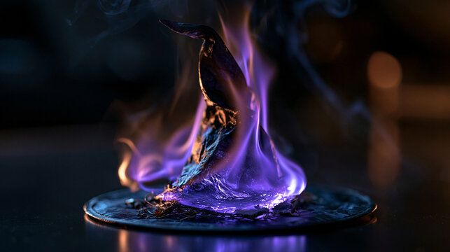 Witch hat engulfed in a purple flame against a spooky black background dark atmospheric halloween concept mystical seasonal styling moody magical ambiance gothic decorative