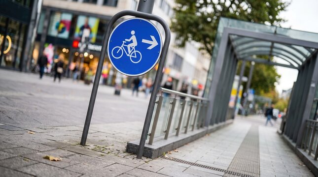Urban bicycle path sign with underpass