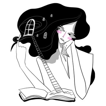 Surreal woman escaping into her inner world, with doors and a ladder leading through her hair. Conceptual illustration about imagination, introspection, reading and solitude.