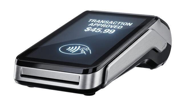 Contactless Payment Terminal: A modern credit card reader displays TRANSACTION APPROVED $45.99 on its screen, featuring a contactless payment symbol.