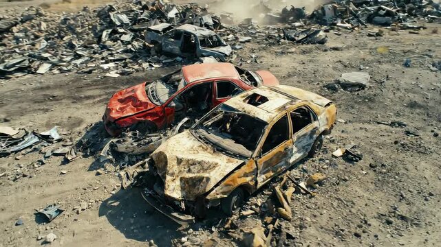 Damaged, abandoned automobiles litter a desolate industrial junkyard. Rusting metal bodies, crushed frames, burnt wreckage portray severe vehicle destruction plus neglect.