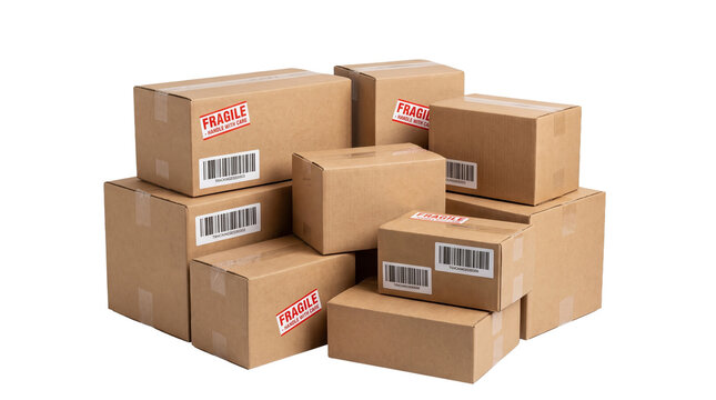 Stacked Cardboard Boxes: A collection of various sized cardboard shipping boxes, neatly stacked and ready for delivery, featuring fragile stickers and barcode labels.