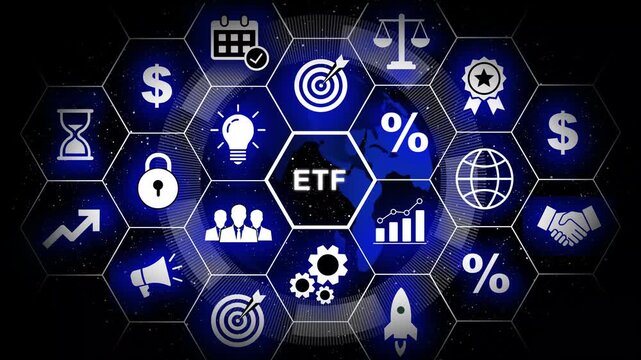Dynamic etf exchange traded fund financial concept infographic with glowing digital hexagon network global investment strategy, market growth analysis, and corporate business growth data visualization