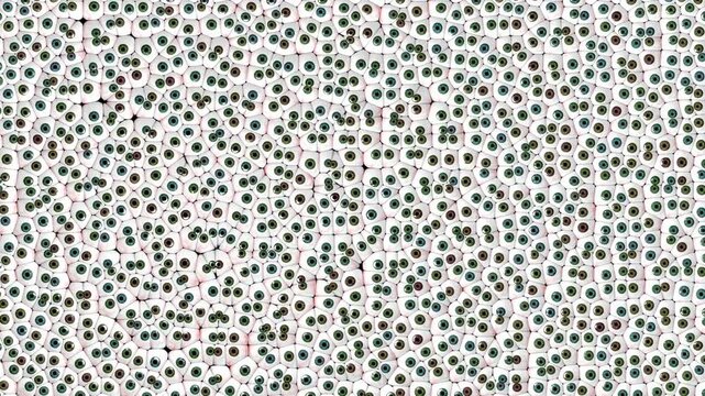 Microscopic eyeballs cluster swarms and twitches in an unsettling 3D animation forming a surreal dense pattern background for music videos and vj screen loops