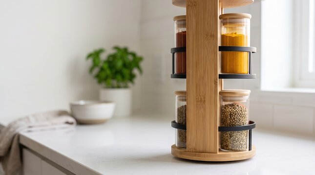 Bamboo spice rack on kitchen counter