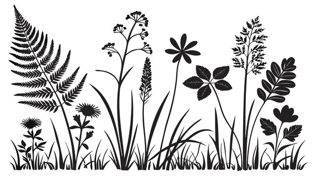 Grass and Wildflowers Silhouette Vector Collection for Nature, Meadow, Garden, Botanical and Decorative Design