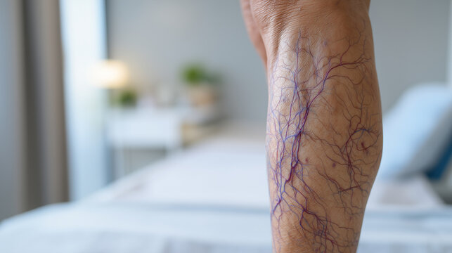 Close-up of a lower leg with visible superficial veins, illustrating varicose veins, vascular health, circulation problems, venous disease, medical examination and healthcare.