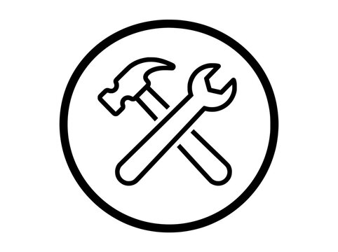 Minimalist hammer and wrench icon, crossed construction tools in circle, black line art repair symbol for maintenance services