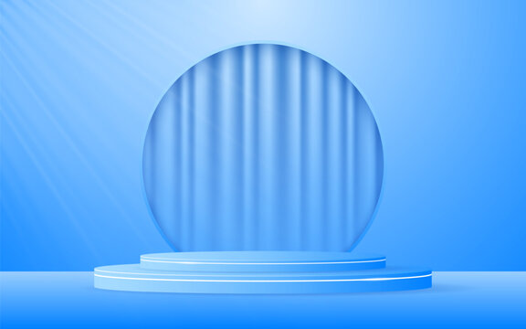 Blue podium with beautiful white lines and blue curtains in a circular window for displaying advertisements, Displaying cosmetic products. Stage or podium. Vector illustration