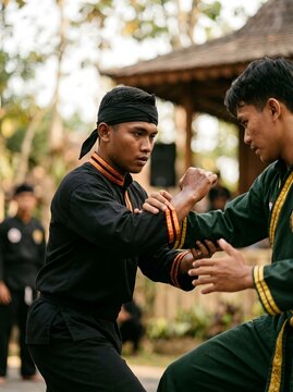 Two Men Practicing Traditional Indonesian Pencak Silat Martial Arts Outdoors