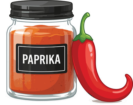 Glass jar of paprika spice powder with whole red chili pepper vegetable vector isolated white background
