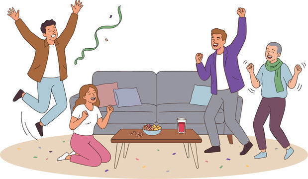 Happy group of friends celebrating victory jumping cheering watching sports match living room party vector illustration