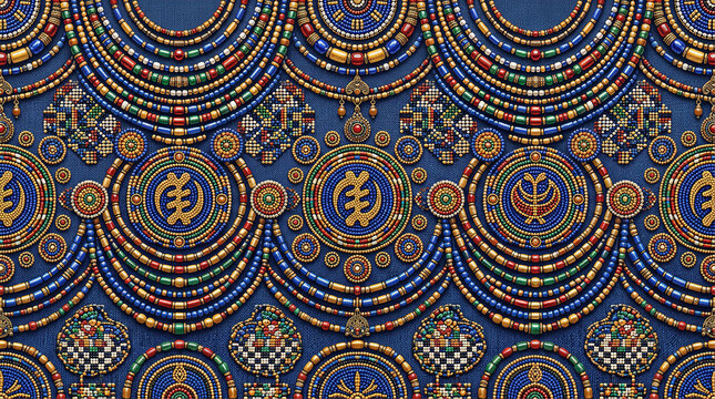 Traditional african adinkra beadwork pattern with colorful glass beads and cultural symbols.