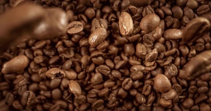 Close up of seeds of coffee. Fragrant coffee beans Super Macro Close Up. Shot on super slow motion camera 1000 fps.