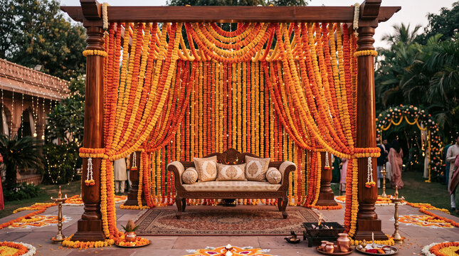Elegant Orange Marigold Wedding Stage Backdrop for wedding Ceremony Events