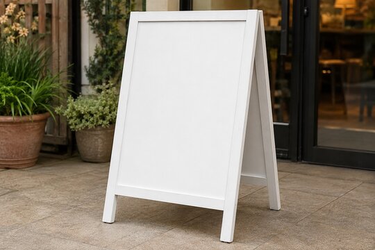 Blank white A-frame chalkboard sign outside store entrance