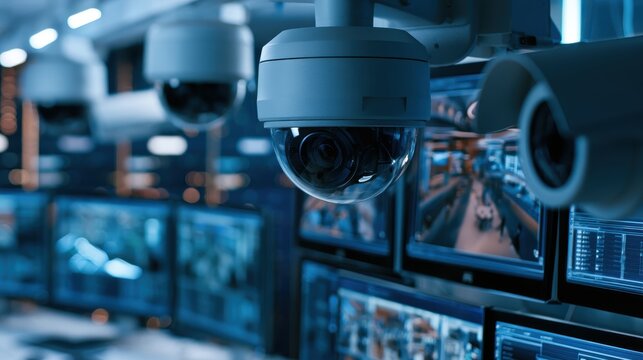 Security Monitoring System with Surveillance Cameras and Multiple Displays Showing Live Video Feeds in High-Tech Control Room Setting
