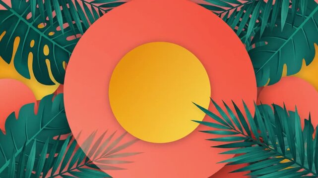 Tropical palm leaves frame a vibrant yellow circular motion element in this modern graphic design animation for creative summer projects