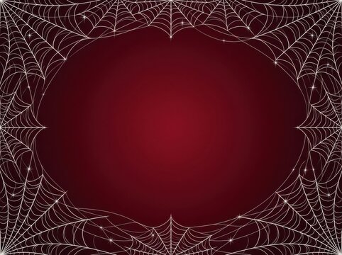 Spooky white spider web frame on a dark red background for halloween design