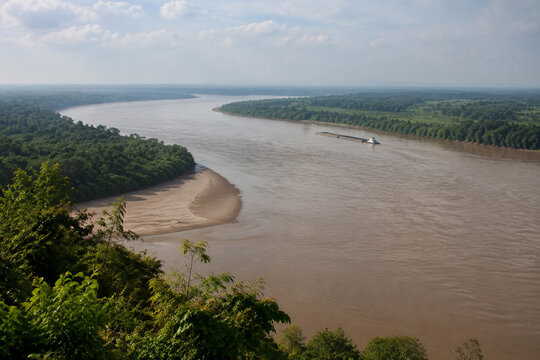 View from high bluff of wide brown river bending through low green forest, sandbar, tugboat and barge downstream, Mississippi River landscape