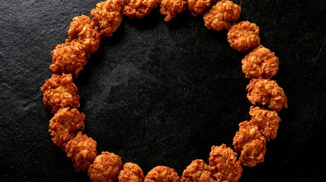A circular arrangement where crispy fried chicken forms a complete ring around empty center copy space designed for branding