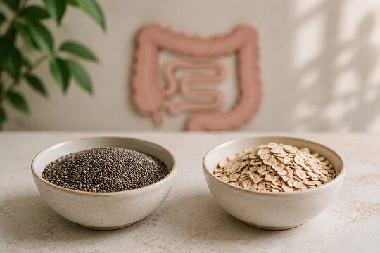 Ceramic bowls with chia and oats, digestive health and nutrition concept