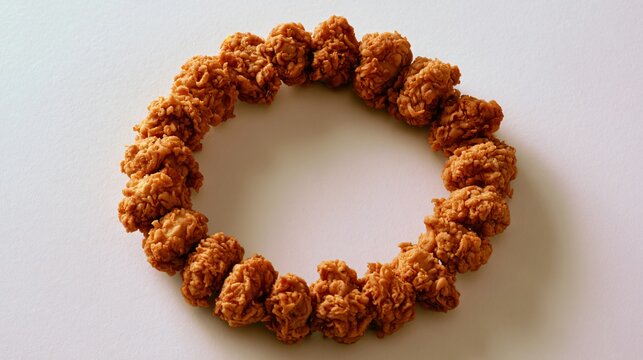 A circular arrangement where crispy fried chicken forms a complete ring around empty center copy space designed for branding