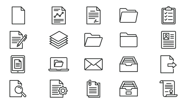 Collection of minimal black outline icons representing office documents folders and data storage