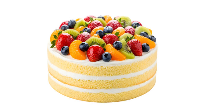 A beautifully decorated layered fruit cake with vibrant berries and kiwi isolated on transparent background