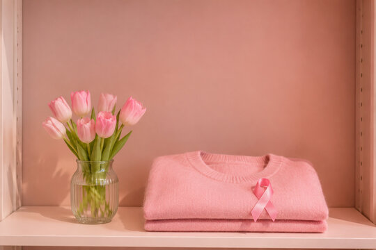 Folded pink sweater with tulips and ribbon pin on retail shelf, seasonal display concept