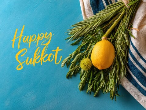 Happy sukkot celebration with etrog and lulav greenery