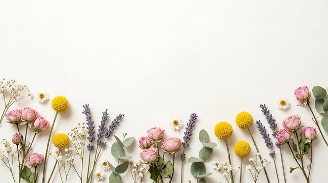 Beautiful border arrangement of pink roses yellow billy balls and lavender flowers for elegant spring holiday greeting