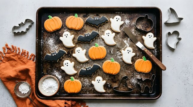 A delightful assortment of halloween themed sugar cookies freshly baked and ready for spooky celebrations